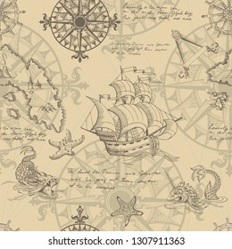 Old caravel, vintage sailboat, sea monster. Monochrome Hand drawn sketch. Vector seamless pattern for boy. Detail of the old geographical maps of sea.