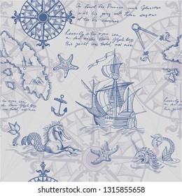 Old caravel, vintage sailboat, sea monster. Monochrome Hand drawn sketch. Vector seamless pattern for boy. Detail of the old geographical maps of sea.