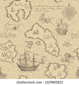 Old caravel, vintage sailboat, sea monster. Monochrome Hand drawn sketch. Vector seamless pattern for boy. Detail of the old geographical maps of sea.