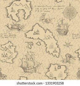 Old caravel, vintage sailboat, sea monster. Monochrome Hand drawn sketch. Vector seamless pattern for boy. Detail of the old geographical maps of sea.