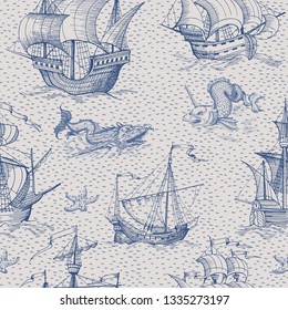 Old caravel, vintage sailboat, sea monster. Monochrome Hand drawn sketch. Vector seamless pattern for boy. Detail of the old geographical maps of sea.