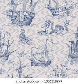 Old caravel, vintage sailboat, sea monster. Monochrome Hand drawn sketch. Vector seamless pattern for boy. Detail of the old geographical maps of sea.