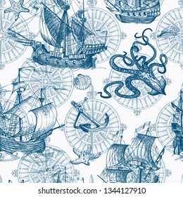 Old caravel, vintage sailboat, sea monster. Monochrome Hand drawn sketch. Vector seamless pattern for boy. Detail of the old geographical maps of sea.