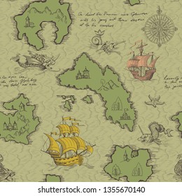Old caravel, vintage sailboat, sea monster. Monochrome Hand drawn sketch. Vector seamless pattern for boy. Detail of the old geographical maps of sea.
