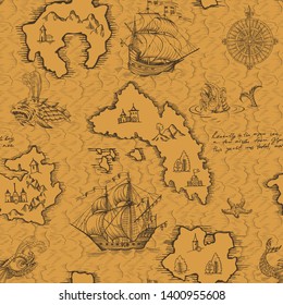 Old caravel, vintage sailboat, sea monster. Monochrome Hand drawn sketch. Vector seamless pattern for boy. Detail of the old geographical maps of sea.