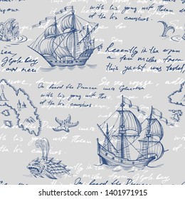 Old caravel, vintage sailboat, sea monster. Vector seamless pattern