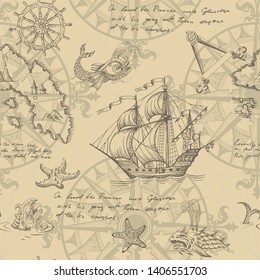 Old caravel, vintage sailboat, sea monster. Monochrome Hand drawn sketch. Vector seamless pattern for boy. Detail of the old geographical maps of sea.