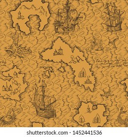 Old caravel, vintage sailboat, sea monster. Vector seamless pattern for boy. Detail of the old geographical maps of sea.