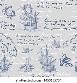 Old caravel, vintage sailboat, sea monster. Monochrome Hand drawn sketch. Vector seamless pattern for boy. Detail of the old geographical maps of sea.