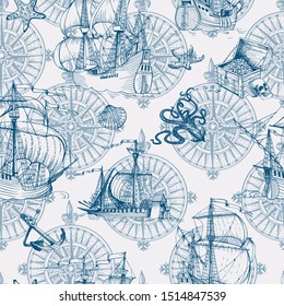 Old caravel, vintage sailboat, sea monster. Seamless pattern