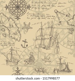 Old caravel, vintage sailboat, sea monster. Hand drawn sketch. Seamless pattern for boy. Detail of the old geographical maps of sea.  