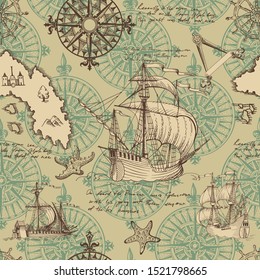 Old caravel, vintage sailboat, sea monster. Hand drawn sketch. Vector seamless pattern for boy. Detail of the old geographical maps of sea.