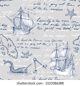 Old caravel, vintage sailboat, sea monster. Hand drawn sketch. Seamless pattern for boy. Detail of the old geographical maps of sea.