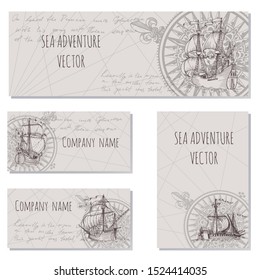 Old caravel, vintage sailboat. Sea adventure vector background. Doodles design elements business cards, banners, menu