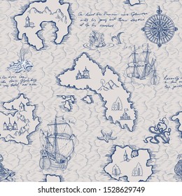 Old caravel, vintage sailboat, sea monster. Hand drawn sketch. Seamless pattern for boy. Detail of the old geographical maps of sea.