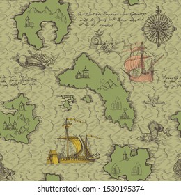 Old caravel, vintage sailboat, sea monster. Hand drawn sketch. Seamless pattern for boy. Detail of the old geographical maps of sea.