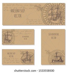 Old caravel, vintage sailboat. Sea adventure vector background. Doodles design elements business cards, banners, menu