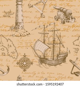 Old caravel, vintage sailboat, sea monster, old lighthouse. Vector seamless pattern. Hand drawn sketch. Vector seamless pattern for boy.