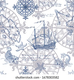 Old caravel, vintage sailboat, sea monster. Hand drawn sketch. Seamless pattern for boy. Detail of the old geographical maps of sea.