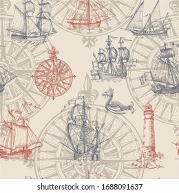 Old caravel, vintage sailboat, sea monster. Hand drawn sketch. Vector seamless pattern for boy. Detail of the old geographical maps of sea.