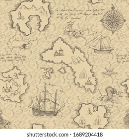 Old caravel, vintage sailboat, sea monster. Hand drawn sketch. Seamless pattern for boy. Detail of the old geographical maps of sea.