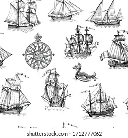 Old caravel, vintage sailboat, sea monster. Monochrome Hand drawn sketch. Vector seamless pattern for boy. Detail of the old geographical maps of sea.