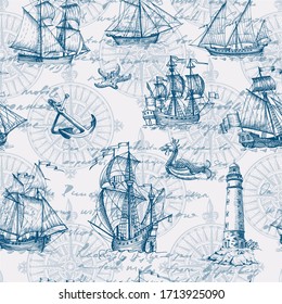 Old caravel, vintage sailboat, sea monster. Monochrome Hand drawn sketch. Vector seamless pattern for boy. Detail of the old geographical maps of sea.