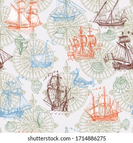 Old caravel, vintage sailboat, sea monster. Monochrome Hand drawn sketch. Vector seamless pattern for boy. Detail of the old geographical maps of sea.