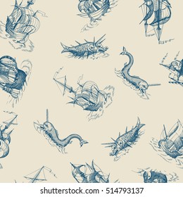 Old caravel, vintage sailboat, sea monster. Monochrome Hand drawn sketch. Vector seamless pattern for boy. Detail of the old geographical maps of sea.