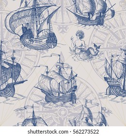 Old caravel, vintage sailboat, sea monster. Monochrome Hand drawn sketch. Vector seamless pattern for boy. Detail of the old geographical maps of sea.