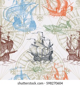 Old caravel, vintage sailboat, sea monster. Monochrome Hand drawn sketch. Vector seamless pattern for boy. Detail of the old geographical maps of sea.