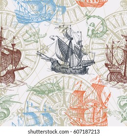 Old caravel, vintage sailboat, sea monster. Monochrome Hand drawn sketch. Vector seamless pattern for boy. Detail of the old geographical maps of sea.