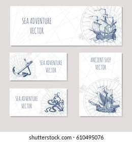 Old caravel, vintage sailboat. Sea adventure vector background. Doodles design elements business cards, banners.