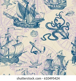 Old caravel, vintage sailboat, sea monster. Hand drawn sketch. Vector seamless pattern for boy. Detail of the old geographical maps of sea.