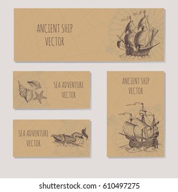 Old caravel, vintage sailboat. Sea adventure vector background. Doodles design elements business cards, banners.