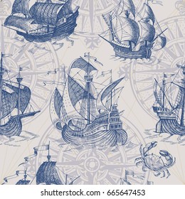 Old caravel, vintage sailboat, sea crab. Hand drawn sketch. Vector seamless pattern for boy. It can be used for textile, wrapping paper, menu design and invitations.