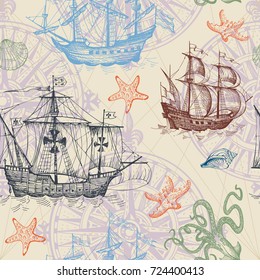 Old caravel, vintage sailboat, sea monster. Monochrome Hand drawn sketch. Vector seamless pattern for boy. Detail of the old geographical maps of sea.