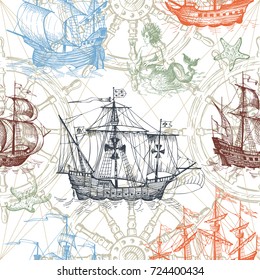 Old caravel, vintage sailboat, sea monster. Monochrome Hand drawn sketch. Vector seamless pattern for boy. Detail of the old geographical maps of sea.