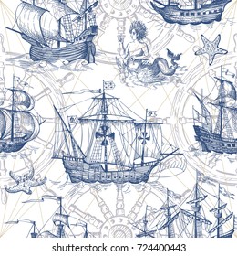 Old caravel, vintage sailboat, sea monster. Monochrome Hand drawn sketch. Vector seamless pattern for boy. Detail of the old geographical maps of sea.