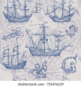 Old caravel, vintage sailboat, sea monster. Monochrome Hand drawn sketch. Vector seamless pattern for boy. Detail of the old geographical maps of sea.