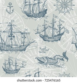 Old caravel, vintage sailboat, sea monster. Monochrome Hand drawn sketch. Vector seamless pattern for boy. Detail of the old geographical maps of sea.