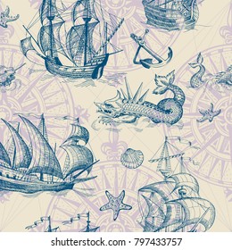 Old caravel, vintage sailboat, sea monster. Monochrome Hand drawn sketch. Vector seamless pattern for boy. Detail of the old geographical maps of sea.