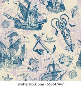 Old caravel, vintage sailboat, seashells, starfish, crab, squid. Hand drawn sketch. Vector seamless pattern for boy. It can be used for textile, wrapping paper, menu design and invitations.