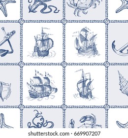 Old caravel, vintage sailboat, starfish, seashells, sea-monsters. Seamless vector pattern on sea theme. Can be used for textiles, wrapping paper, interior decoration. Hand drawn sketch vector.