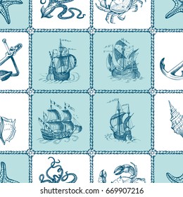 Old caravel, vintage sailboat, starfish, seashells, sea-monsters. Seamless vector pattern on sea theme. Can be used for textiles, wrapping paper, interior decoration. Hand drawn sketch vector.