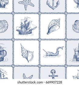 Old caravel, vintage sailboat, starfish, seashells, sea-monsters. Seamless vector pattern on sea theme. Can be used for textiles, wrapping paper, interior decoration. Hand drawn sketch vector.