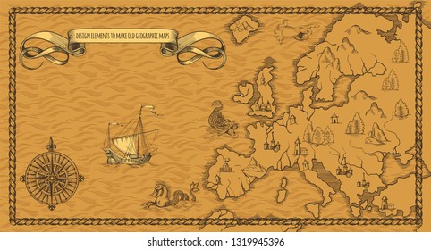 Old caravelle, vintage sailboat, sea monster. Fantasy geographic map