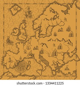 Old caravelle, vintage sailboat, sea monster. Detail of fantasy geographical maps