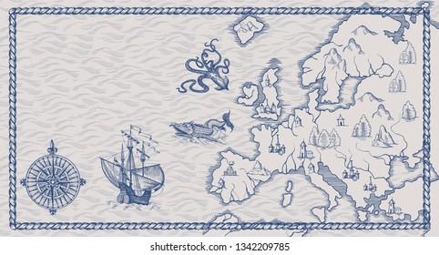 Old caravelle, vintage sailboat, sea monster. Detail of fantasy geographical maps