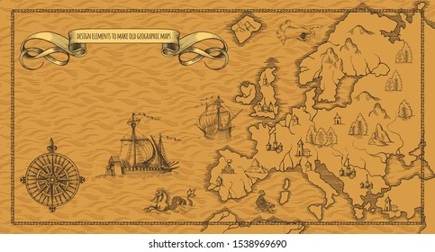 Old caravelle, vintage sailboat, sea monster. Detail of fantasy geographical maps